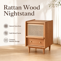 Rattan Wood Nightstand with Drawer