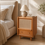 Rattan Wood Nightstand with Drawer