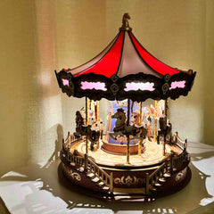 3D Mechanical Puzzle DIY Wooden Carousel Music Box with LED Light
