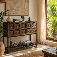 Rustic Storage Cabinet with 10 Drawers & Open Shelf