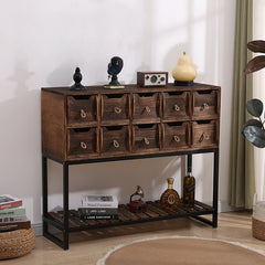 Rustic Storage Cabinet with 10 Drawers & Open Shelf