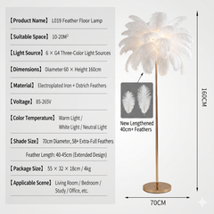 Luxury Ostrich Feather Floor Lamp, 160cm Tall Modern Standing Light with 58+ Extra-Full 45cm Lengthened Feathers