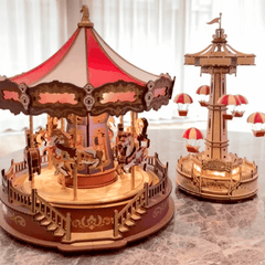 3D Mechanical Puzzle DIY Wooden Carousel Music Box with LED Light