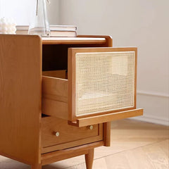 Rattan Wood Nightstand with Drawer