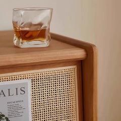 Rattan Wood Nightstand with Drawer