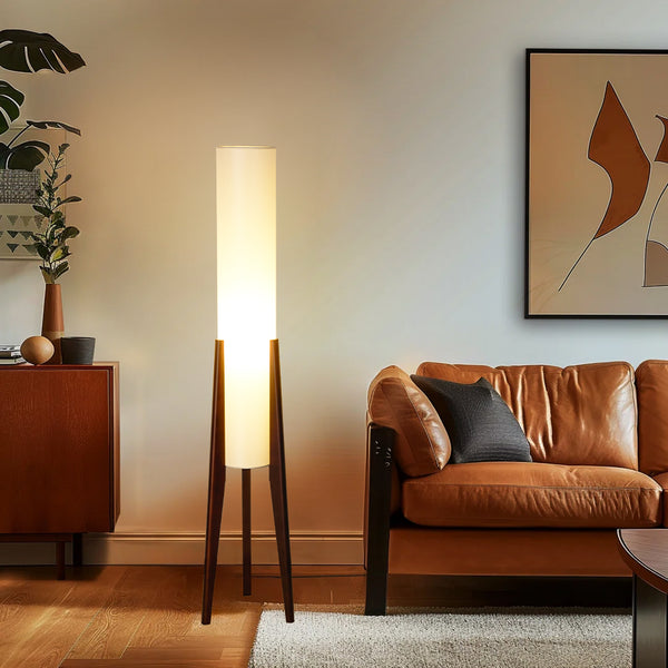 Modern Cylinder Floor Lamp with Wooden Tripod Legs, Adjustable