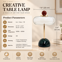 Cordless Table Lamp with Glass Shade, 3000k to 6000k Dimmable