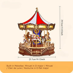 3D Mechanical Puzzle DIY Wooden Carousel Music Box with LED Light