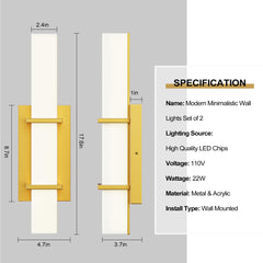 Set of 2 Modern 17.6 Inch Wall Sconces, 3 Color Temperatures for Indoor & Outdoors - Gold