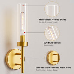 Gold Hardwired Wall Sconces Set of 2, Modern Bathroom Vanity Sconces Wall Lighting