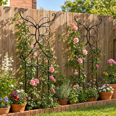 Decorative butterfly garden trellis supporting roses in a backyard flower garden