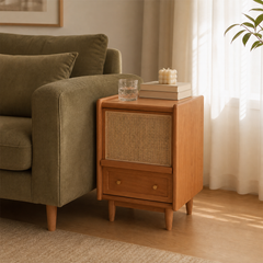 Rattan Wood Nightstand with Drawer