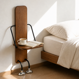 No-Drill Walnut Wood Leaning Bedside Shelf with Fold-Up Tray