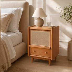 Rattan Wood Nightstand with Drawer
