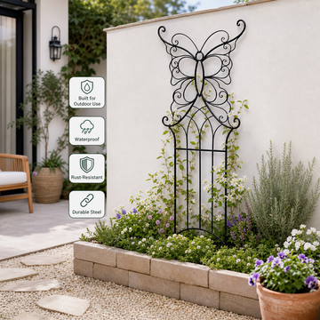 Black butterfly garden trellis for climbing plants with waterproof rust-resistant metal frame