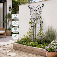 Rust-resistant butterfly metal trellis installed in a patio yard flower bed