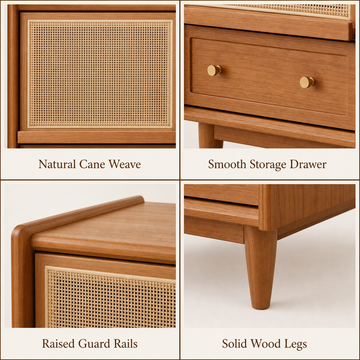Rattan Wood Nightstand with Drawer