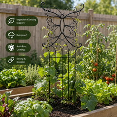 Black metal butterfly trellis used as vegetable climbing support in raised garden bed