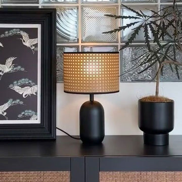 18“H Boho Rattan Table Lamp, Handmade Woven Canework Bedside Lamp