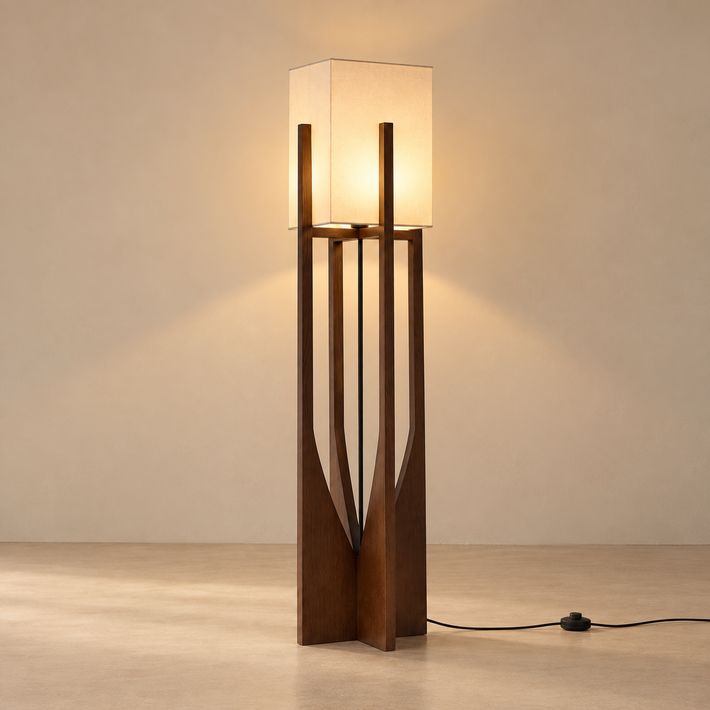 Minimalist Japanese Zen Floor Lamp, Solid Wood Standing Lamp with Soft Fabric Shade