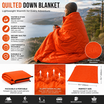 Quilted Water and Stain Resistant Fluffy Down Blanket for Camping, Hiking, Fishing