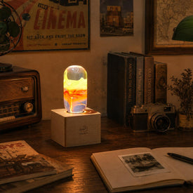 Handcrafted Resin Light Bulb with Wood Base - Flame Bulb