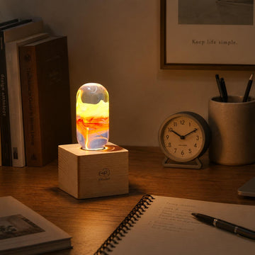 Handcrafted Resin Light Bulb with Wood Base - Flame Bulb