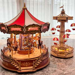 3D Mechanical Puzzle DIY Wooden Carousel Music Box with LED Light