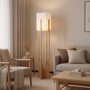 Minimalist Japanese Zen Floor Lamp, Solid Wood Standing Lamp with Soft Fabric Shade