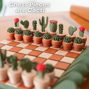 Cactus Chess Set,With Roll-Up Board And Planter Storage Box