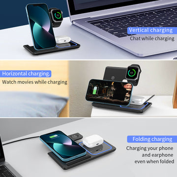15W 3 in 1 Wireless Charging Station, Foldable Wireless Charger Stand Compatible with AirPods & Apple Watch Fast Charging Dock