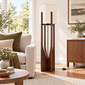 Minimalist Japanese Zen Floor Lamp, Solid Wood Standing Lamp with Soft Fabric Shade