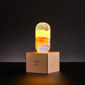 Handcrafted Resin Light Bulb with Wood Base - Flame Bulb