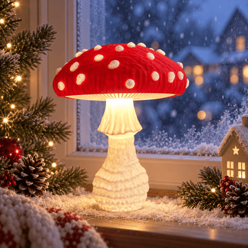 Red mushroom bedside lamp switched off in a bright children’s room