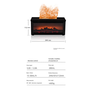 300ml Fireplace Aroma Diffuser 7 Colorful Flame Fire Humidifier W/h Essential Oil, Remote, Timer and Auto Off