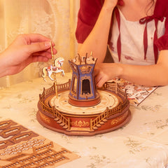 3D Mechanical Puzzle DIY Wooden Carousel Music Box with LED Light