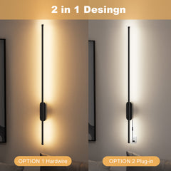 Two wall lights with '2 in 1 Design' text, one labeled 'Hardware' and the other 'Plug-in'.
