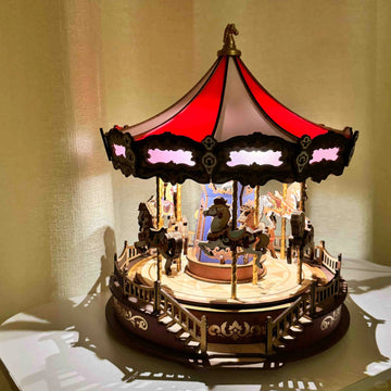 3D Mechanical Puzzle DIY Wooden Carousel Music Box with LED Light