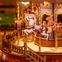 3D Mechanical Puzzle DIY Wooden Carousel Music Box with LED Light
