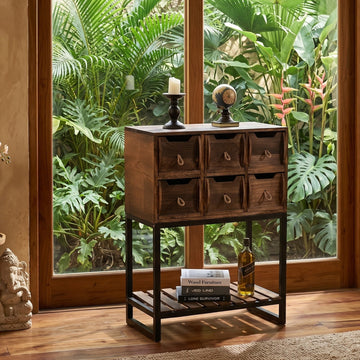 Rustic Storage Cabinet with 10 Drawers & Open Shelf