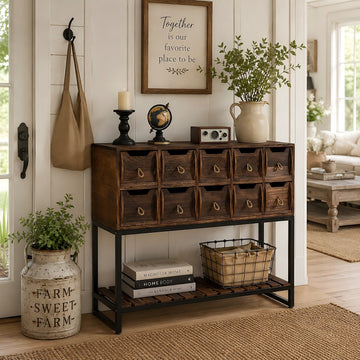 Rustic Storage Cabinet with 10 Drawers & Open Shelf