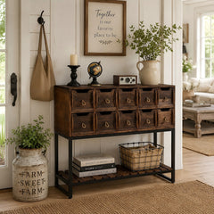 Rustic Storage Cabinet with 10 Drawers & Open Shelf