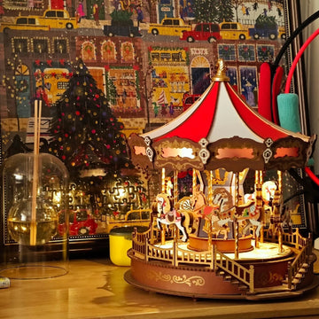 3D Mechanical Puzzle DIY Wooden Carousel Music Box with LED Light