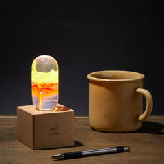 Handcrafted Resin Light Bulb with Wood Base - Flame Bulb
