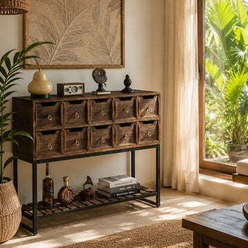 Rustic Storage Cabinet with 10 Drawers & Open Shelf