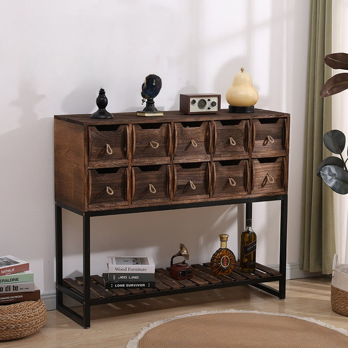 Rustic Storage Cabinet with 10 Drawers & Open Shelf