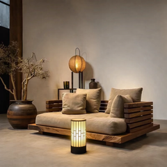 Japanese Style Floor Lamp, Cylindrical Table Floor Lamp with Fabric Shade, Warm Ambient LED Lamp for Living Room, Bedroom, Reading Nook, Minimalist Home Decor