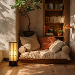 Japanese Style Floor Lamp, Cylindrical Table Floor Lamp with Fabric Shade, Warm Ambient LED Lamp for Living Room, Bedroom, Reading Nook, Minimalist Home Decor