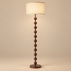 63" Wood-Grain Metal Beaded Floor Lamp with Linen Drum Shade & Foot Switch