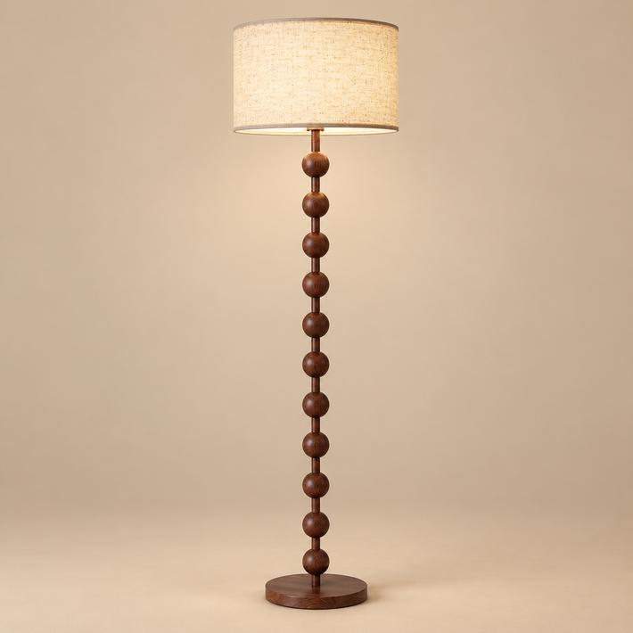 63" Wood-Grain Metal Beaded Floor Lamp with Linen Drum Shade & Foot Switch